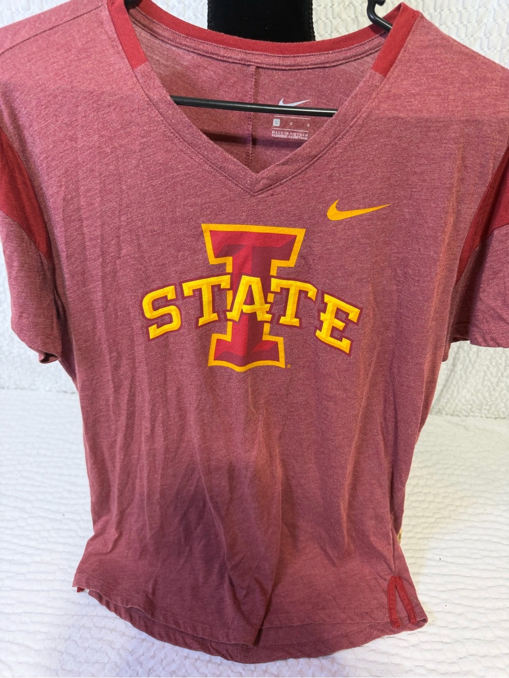 Nike women’s  Maroon V-Neck Iowa State 'STATE' Tee with Yellow Logo